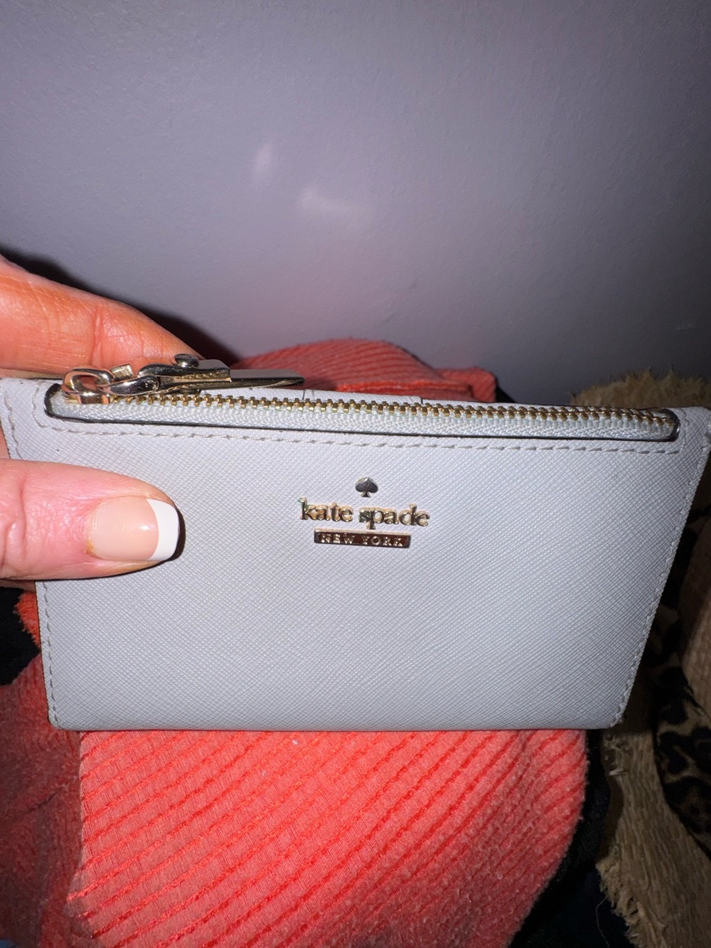Kate Spade Sadie Saffiano Leather Zip Card Case Wallet Light Gray